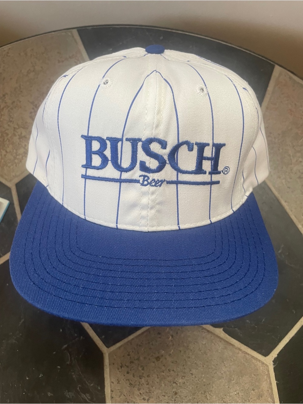 BUSCH Beer White and Blue Pinstripe Snapback Hat. NEW. NEVER WORN!